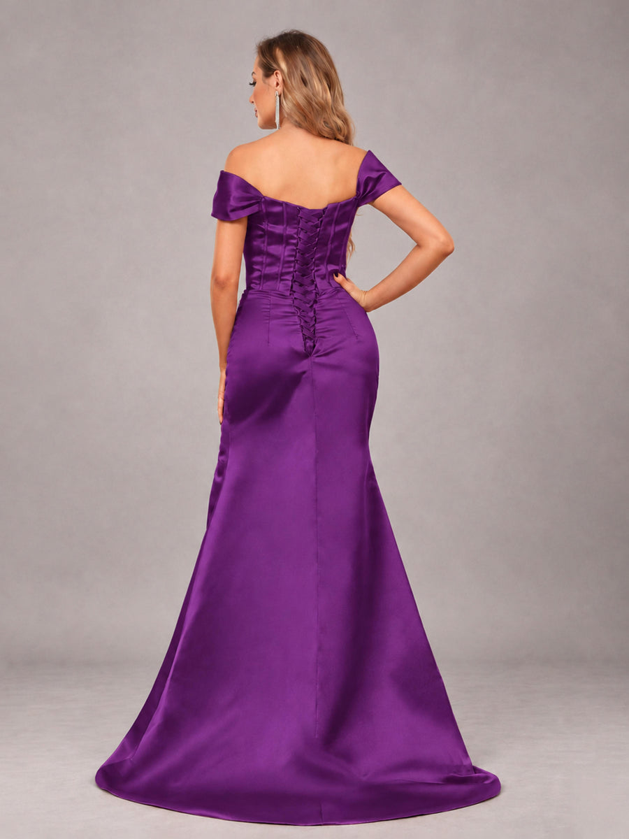 Purple Elegant Mermaid Off The Shoulder Bridesmaid Dress with Slit