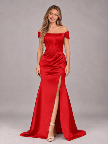 Red Elegant Mermaid Off The Shoulder Bridesmaid Dress with Slit