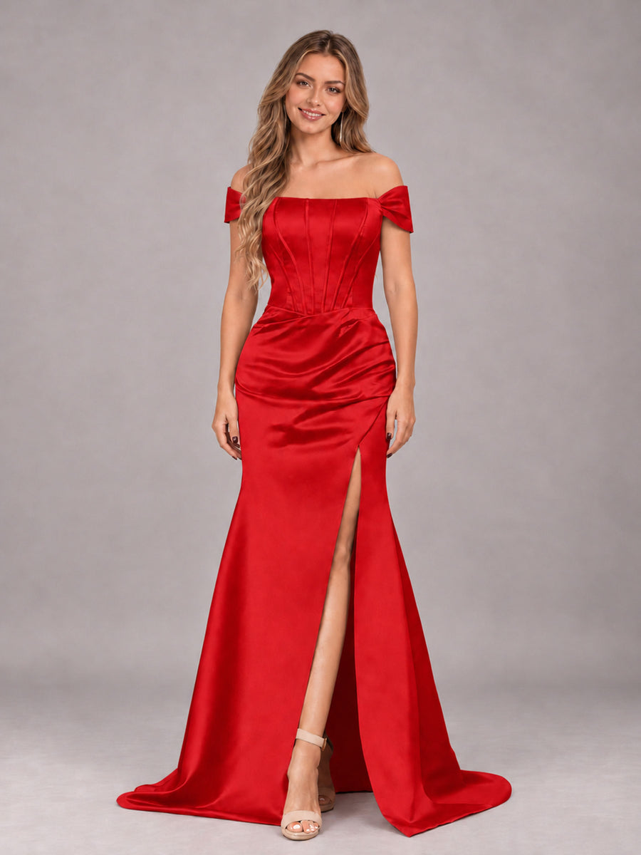 Red Elegant Mermaid Off The Shoulder Bridesmaid Dress with Slit