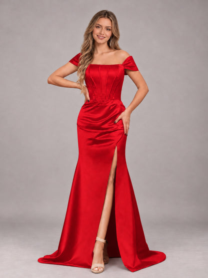Red Elegant Mermaid Off The Shoulder Bridesmaid Dress with Slit