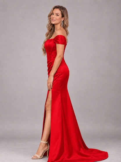 Red Elegant Mermaid Off The Shoulder Bridesmaid Dress with Slit