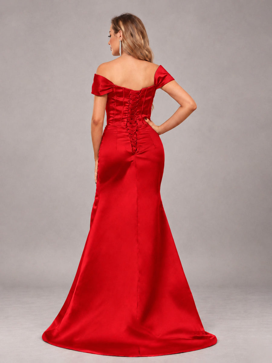 Red Elegant Mermaid Off The Shoulder Bridesmaid Dress with Slit