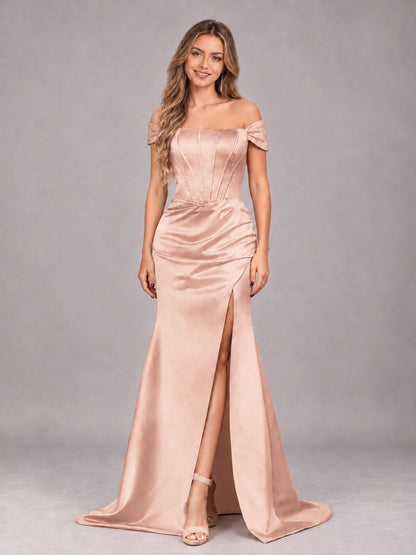 Rose Gold Elegant Mermaid Off The Shoulder Bridesmaid Dress with Slit