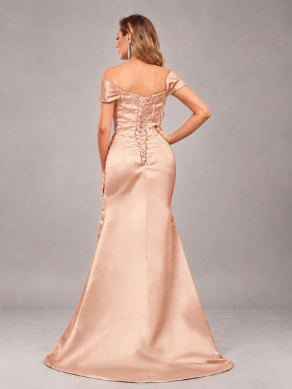 Rose Gold Elegant Mermaid Off The Shoulder Bridesmaid Dress with Slit