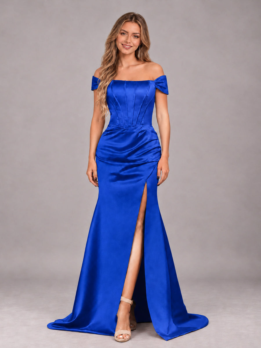 Royal Blue Elegant Mermaid Off The Shoulder Bridesmaid Dress with Slit