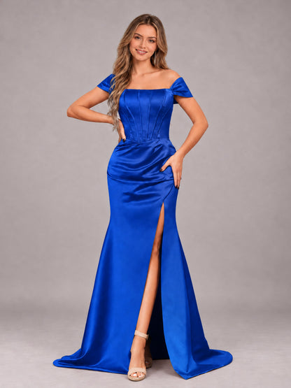 Royal Blue Elegant Mermaid Off The Shoulder Bridesmaid Dress with Slit