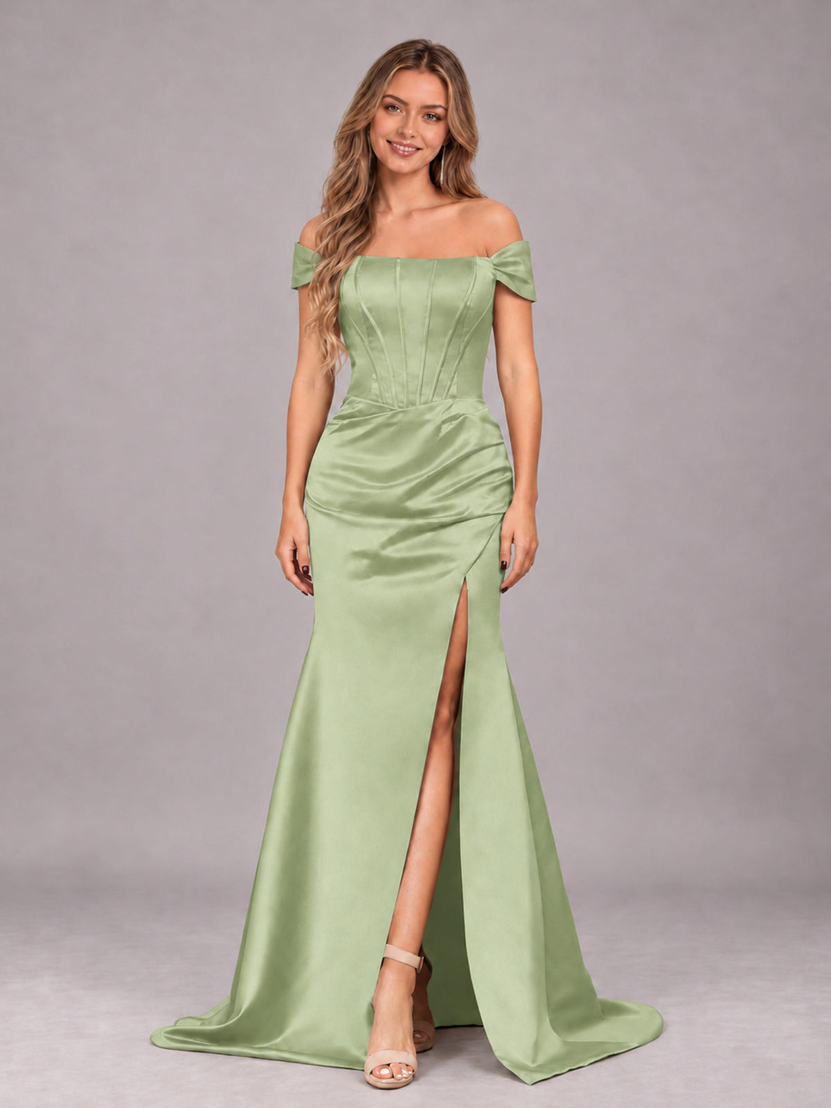 Sage Green Elegant Mermaid Off The Shoulder Bridesmaid Dress with Slit