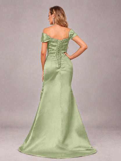 Sage Green Elegant Mermaid Off The Shoulder Bridesmaid Dress with Slit