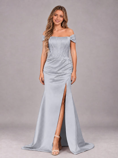 Silver Elegant Mermaid Off The Shoulder Bridesmaid Dress with Slit