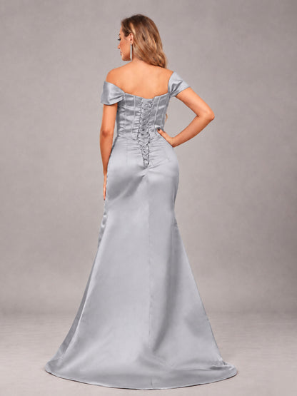 Silver Elegant Mermaid Off The Shoulder Bridesmaid Dress with Slit