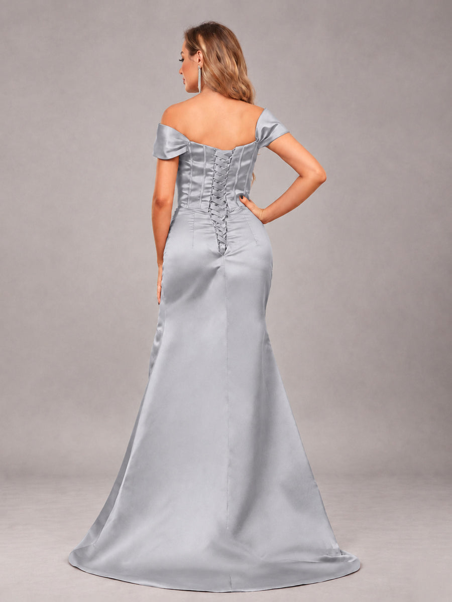 Silver Elegant Mermaid Off The Shoulder Bridesmaid Dress with Slit