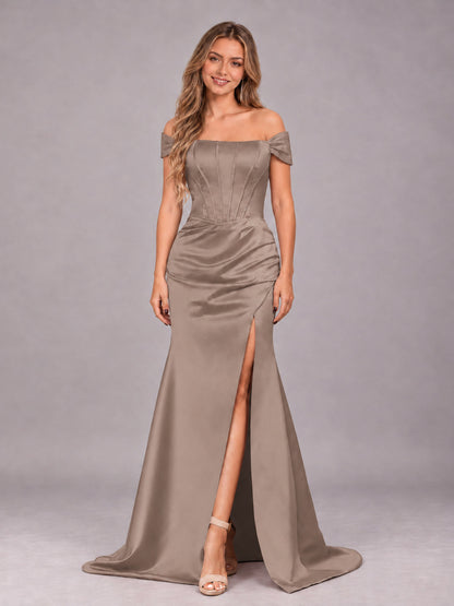 Taupe Elegant Mermaid Off The Shoulder Bridesmaid Dress with Slit