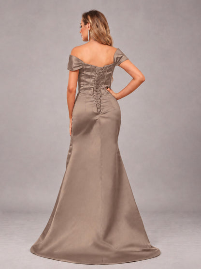 Taupe Elegant Mermaid Off The Shoulder Bridesmaid Dress with Slit