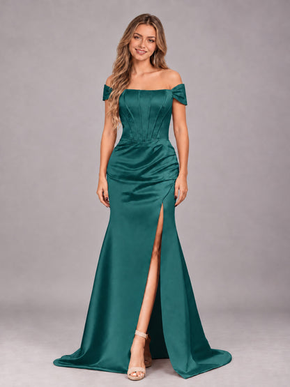 Teal Elegant Mermaid Off The Shoulder Bridesmaid Dress with Slit