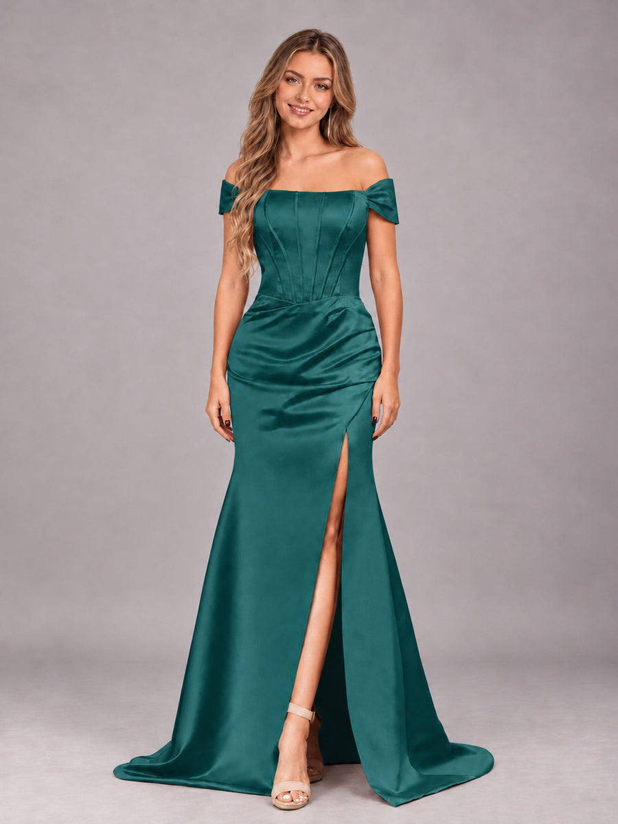 Teal Elegant Mermaid Off The Shoulder Bridesmaid Dress with Slit
