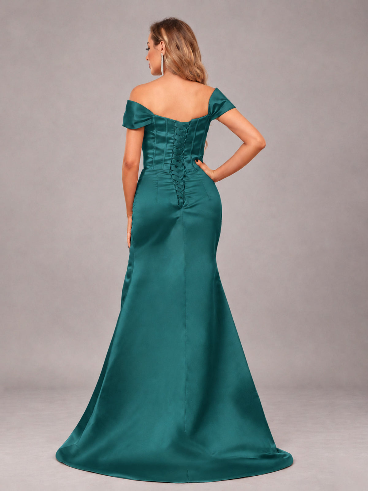 Teal Elegant Mermaid Off The Shoulder Bridesmaid Dress with Slit