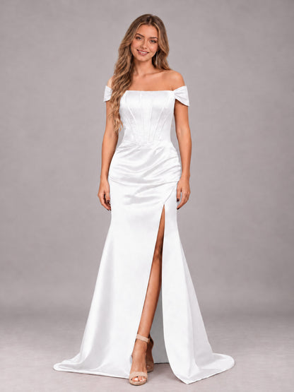 White Elegant Mermaid Off The Shoulder Bridesmaid Dress with Slit