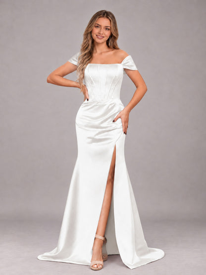 White Elegant Mermaid Off The Shoulder Bridesmaid Dress with Slit