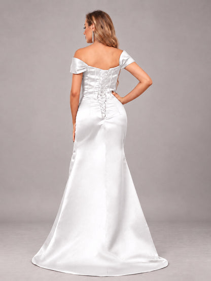 White Elegant Mermaid Off The Shoulder Bridesmaid Dress with Slit
