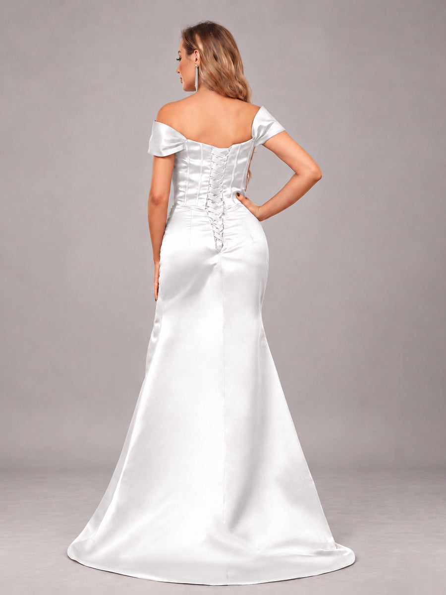 White Elegant Mermaid Off The Shoulder Bridesmaid Dress with Slit