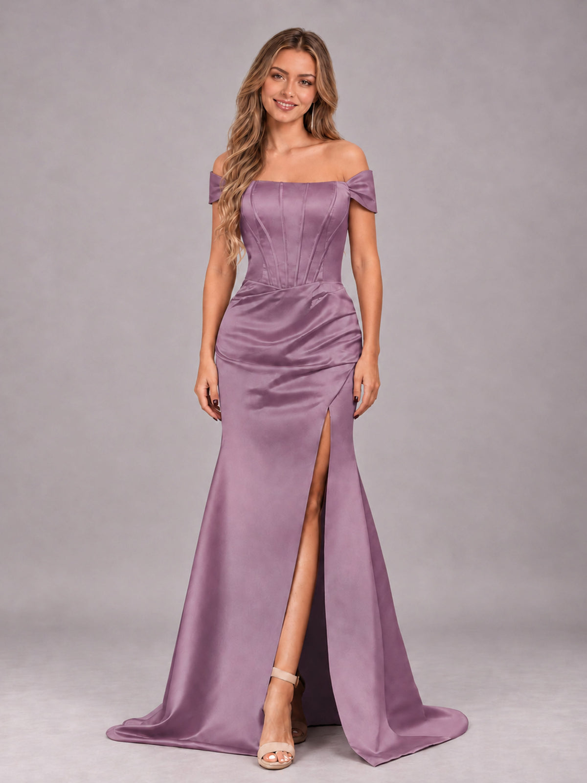 Wisteria Elegant Mermaid Off The Shoulder Bridesmaid Dress with Slit