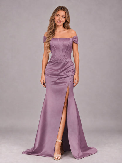 Wisteria Elegant Mermaid Off The Shoulder Bridesmaid Dress with Slit