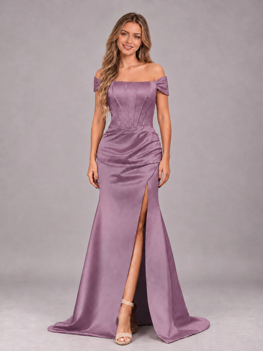 Wisteria Elegant Mermaid Off The Shoulder Bridesmaid Dress with Slit