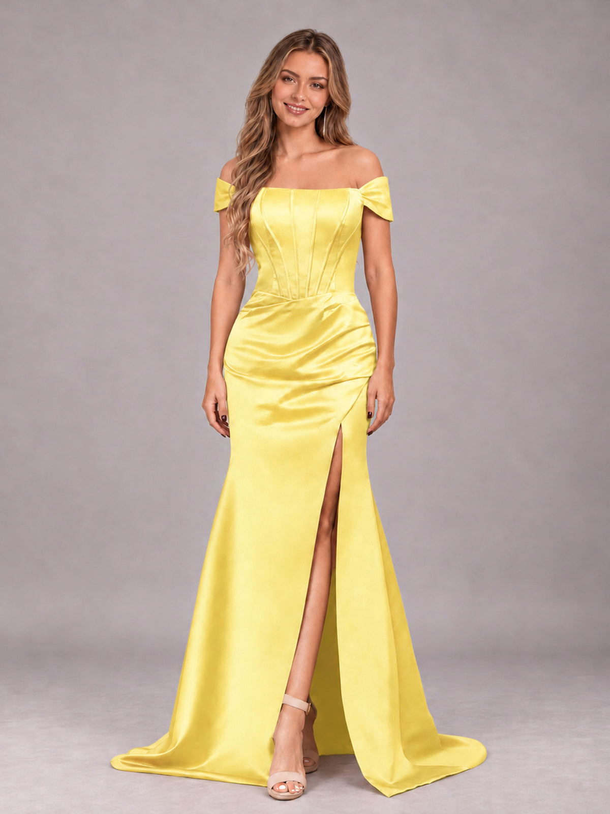 Yellow Elegant Mermaid Off The Shoulder Bridesmaid Dress with Slit