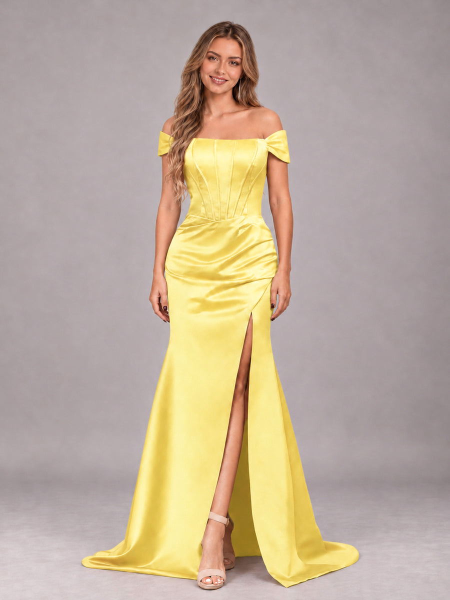 Yellow Elegant Mermaid Off The Shoulder Bridesmaid Dress with Slit