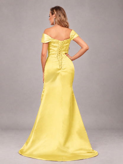 Yellow Elegant Mermaid Off The Shoulder Bridesmaid Dress with Slit