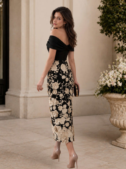 Free Shipping Elegant Off-The-Shoulder 3D Floral Appliques Tea-Length Wedding Guest Dress