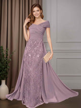 Elegant Off-The-Shoulder Embroidered Sequin Mother of the Bride Dresses with Draped Cape Sleeves