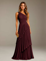Free Shipping Elegant One-Shoulder A-Line Long Chiffon Wedding Guest Dress with Pleated