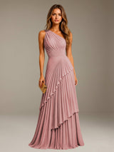 Free Shipping Elegant One-Shoulder A-Line Long Chiffon Wedding Guest Dress with Pleated