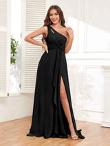 Elegant One Shoulder Pleated Floor Length Chiffon Bridesmaid Dresses