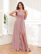 Elegant One Shoulder Pleated Floor Length Chiffon Bridesmaid Dresses