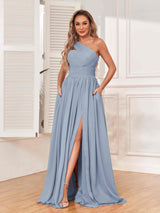 Elegant One Shoulder Zipper Bridesmaid Dresses with Pockets
