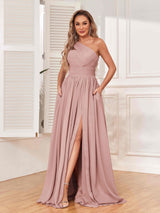 Elegant One Shoulder Zipper Bridesmaid Dresses with Pockets