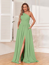 Elegant One Shoulder Zipper Bridesmaid Dresses with Pockets