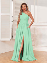Elegant One Shoulder Zipper Bridesmaid Dresses with Pockets