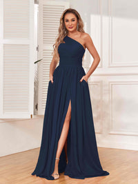 Elegant One Shoulder Zipper Bridesmaid Dresses with Pockets