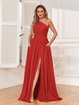 Elegant One Shoulder Zipper Bridesmaid Dresses with Pockets