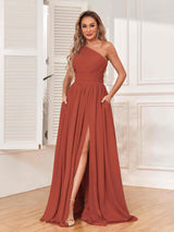 Elegant One Shoulder Zipper Bridesmaid Dresses with Pockets