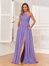 Elegant One Shoulder Zipper Bridesmaid Dresses with Pockets