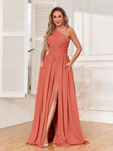Elegant One Shoulder Zipper Bridesmaid Dresses with Pockets