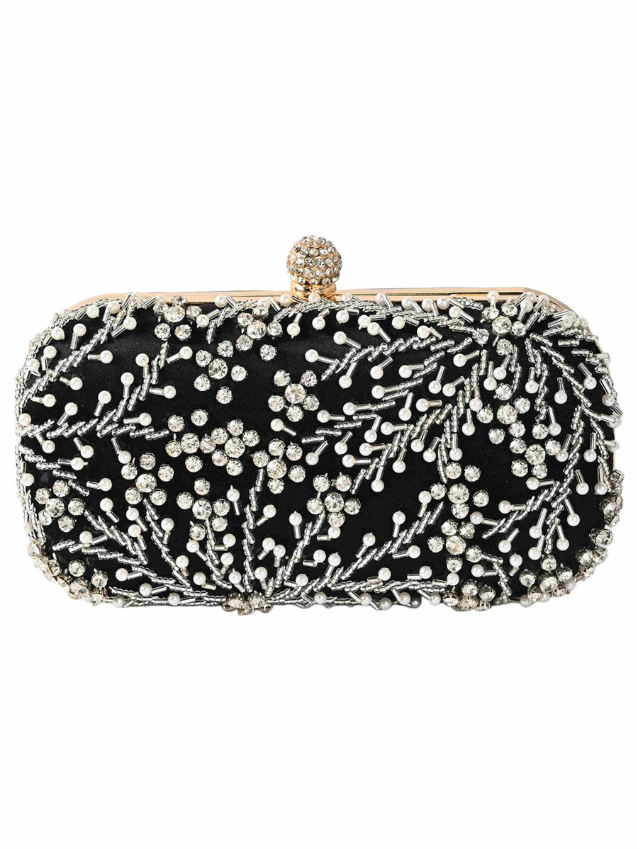 Black Elegant Prom Pearl Crystal Rhinestone Evening Clutch Bag