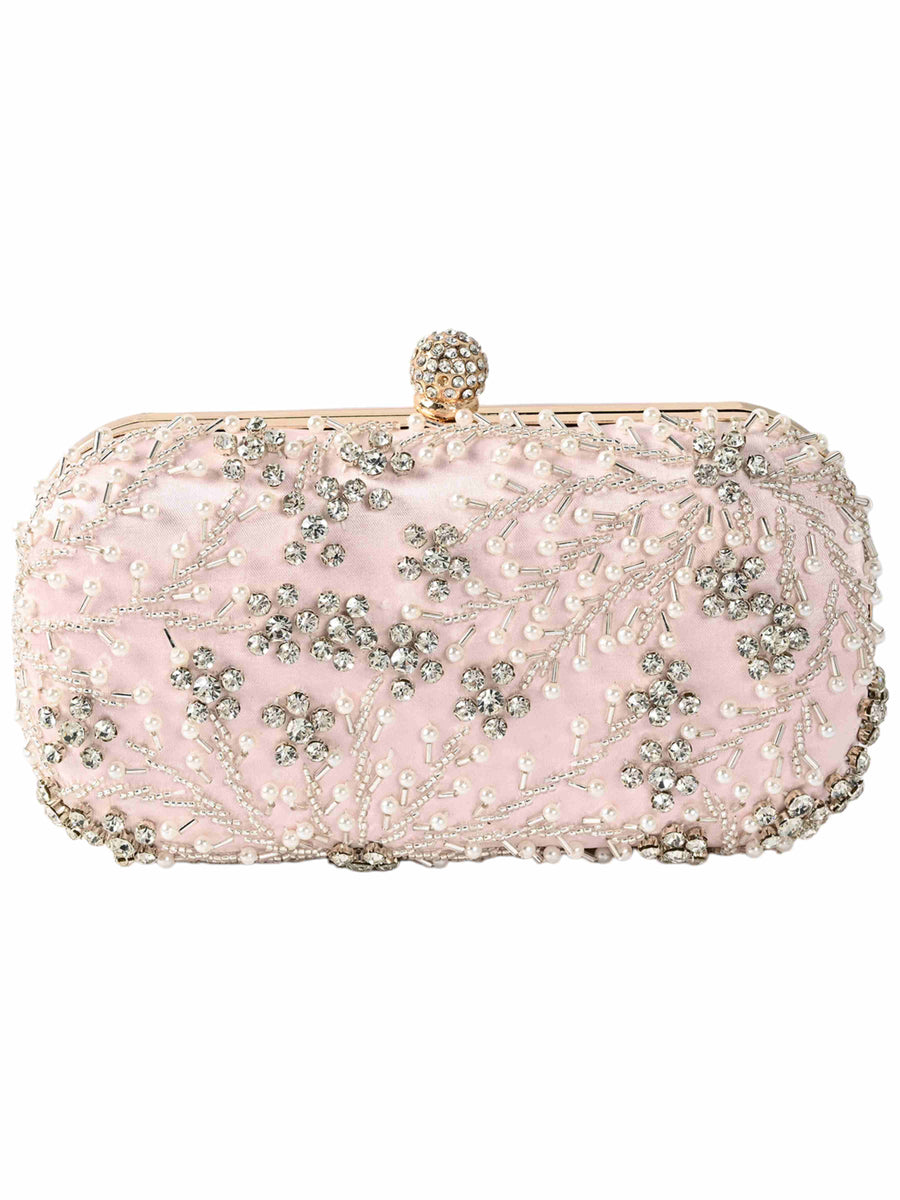 Pink Elegant Prom Pearl Crystal Rhinestone Evening Clutch Bag