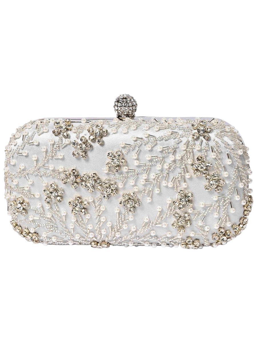 Silver Elegant Prom Pearl Crystal Rhinestone Evening Clutch Bag