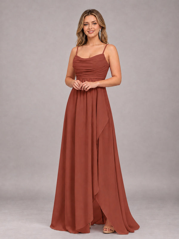 Rust Elegant Spaghetti Straps Chiffon Bridesmaid Dress With Slit
