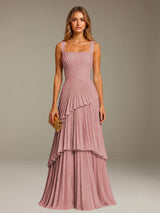 Free Shipping Elegant Square Neck A-Line Long Chiffon Wedding Guest Dress with Pleated